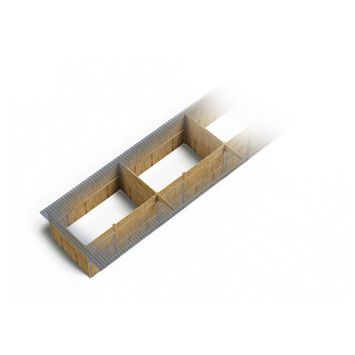 Plan de boxes alignés à panneaux avec toit à double pente, vu de haut sur fond blanc.