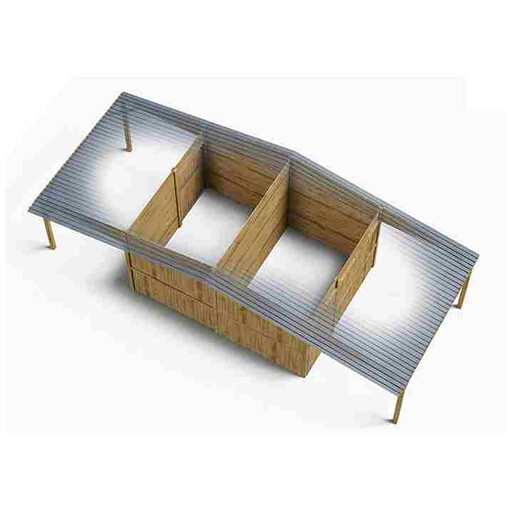 Boxes dos à dos en panneaux, avec avancée, sur fond blanc vu de haut sur l’intérieur.