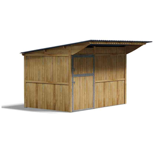 Plan 3D de box à panneaux, vu légèrement de profil sur fond blanc.