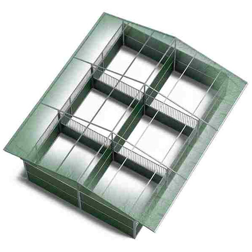 6 boxes dos à dos démontables, vue de haut sur l’intérieur des 6 boxes, sur fond blanc.