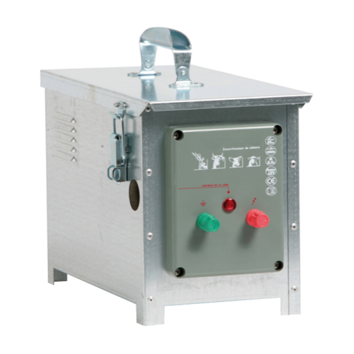 Électrificateur portable de clôture portable à alimentation par accumulateur et boitier en acier galvanisé