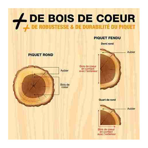 Schéma expliquant la coupe des piquets sciés en châtaignier à partir du bois de cœur.
